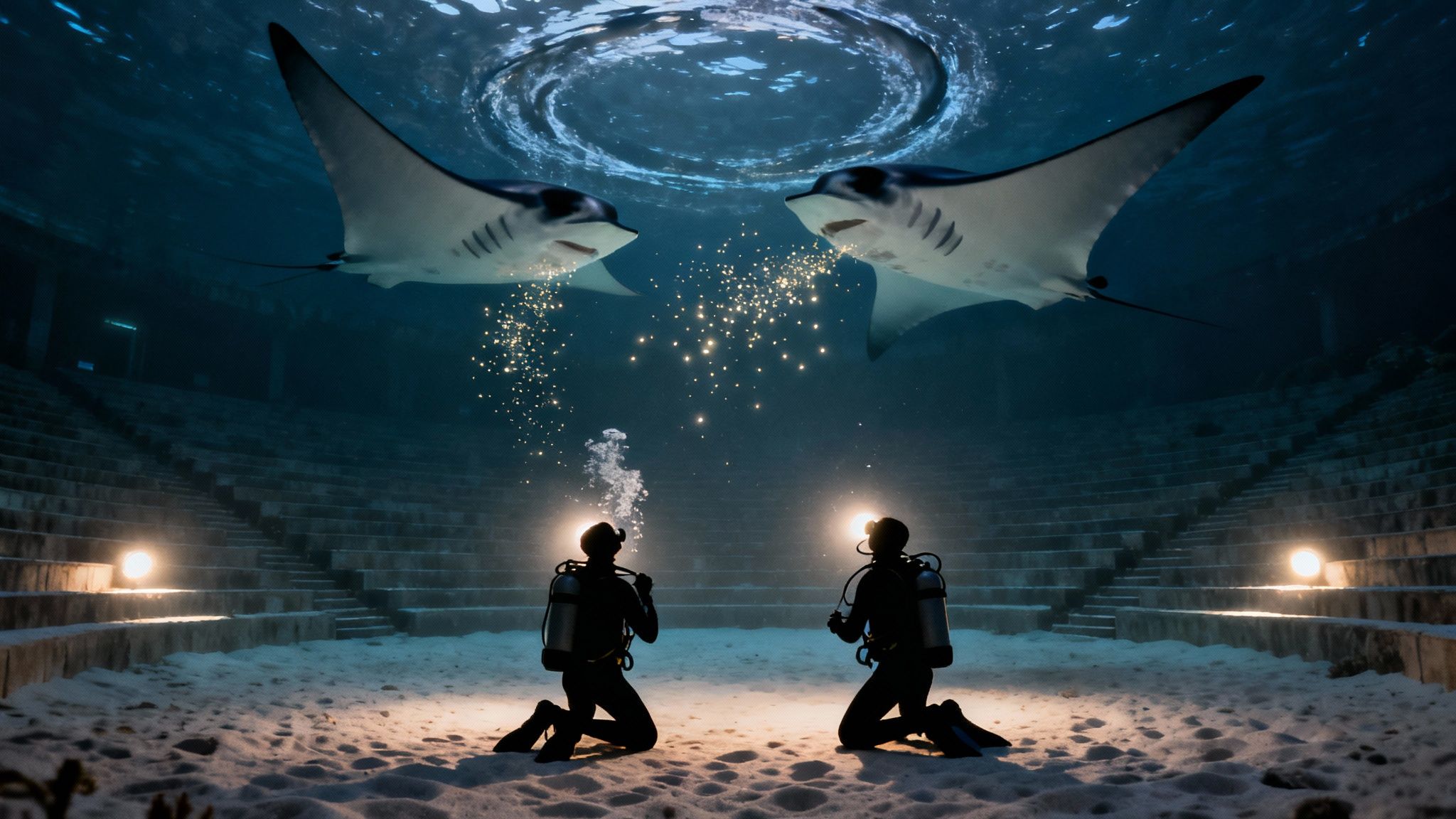 Two scuba divers observe majestic manta rays in an illuminated underwater amphitheater.