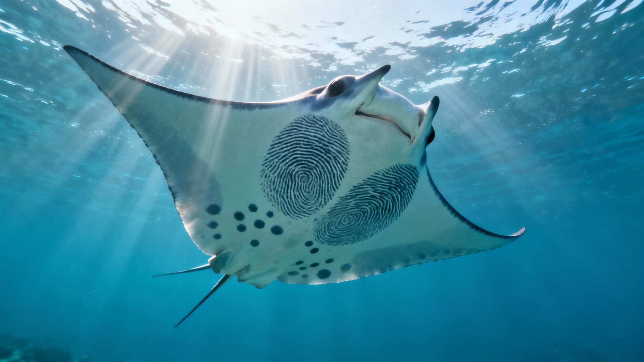 A large manta ray swimming in the ocean with its mouth open