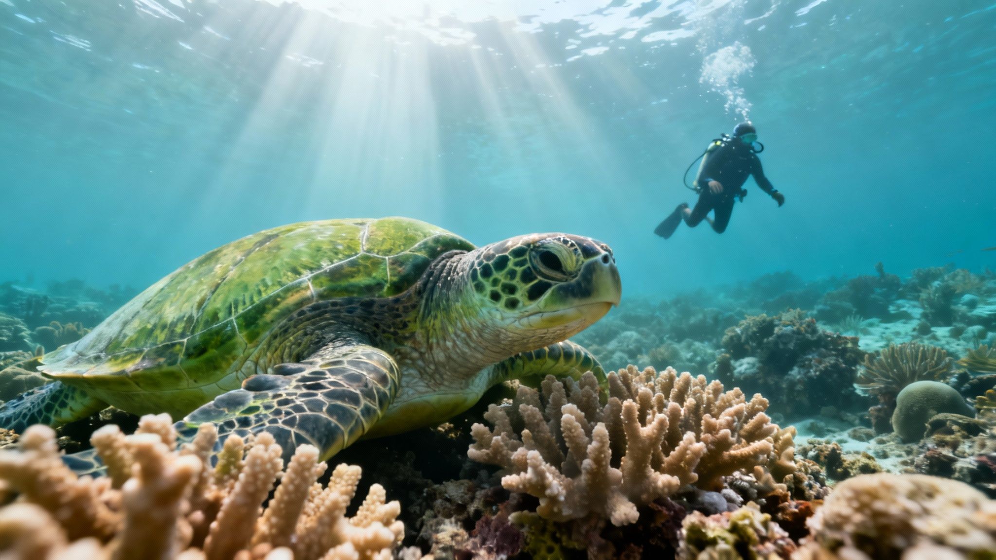 A large green sea turtle rests on a vibrant coral reef, with a scuba diver swimming nearby and sun rays in the water.