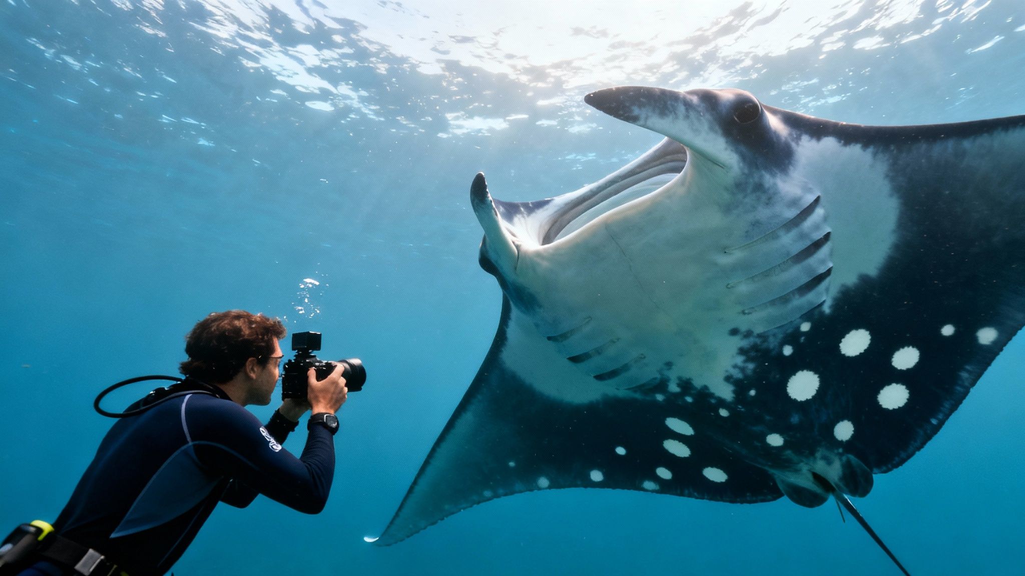 A manta ray gracefully glides over divers, showcasing its unique belly spots