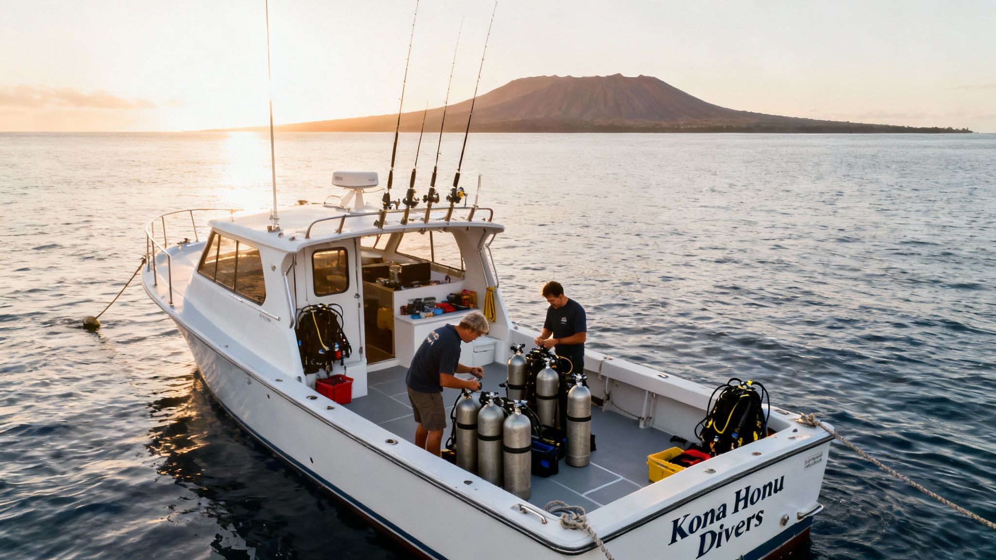 Two dive masters prepare scuba tanks on a boat with a scenic volcanic island at sunset.