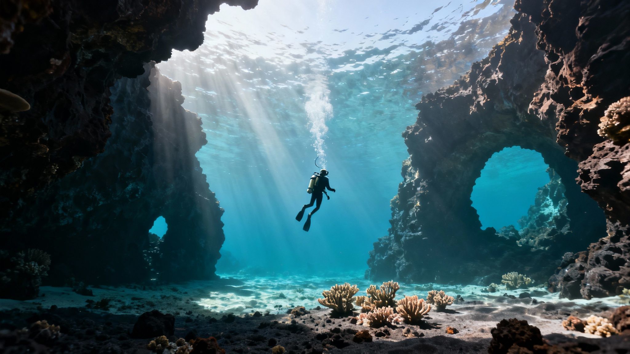 A scuba diver explores a stunning underwater cave with sun rays penetrating the clear blue water and coral.