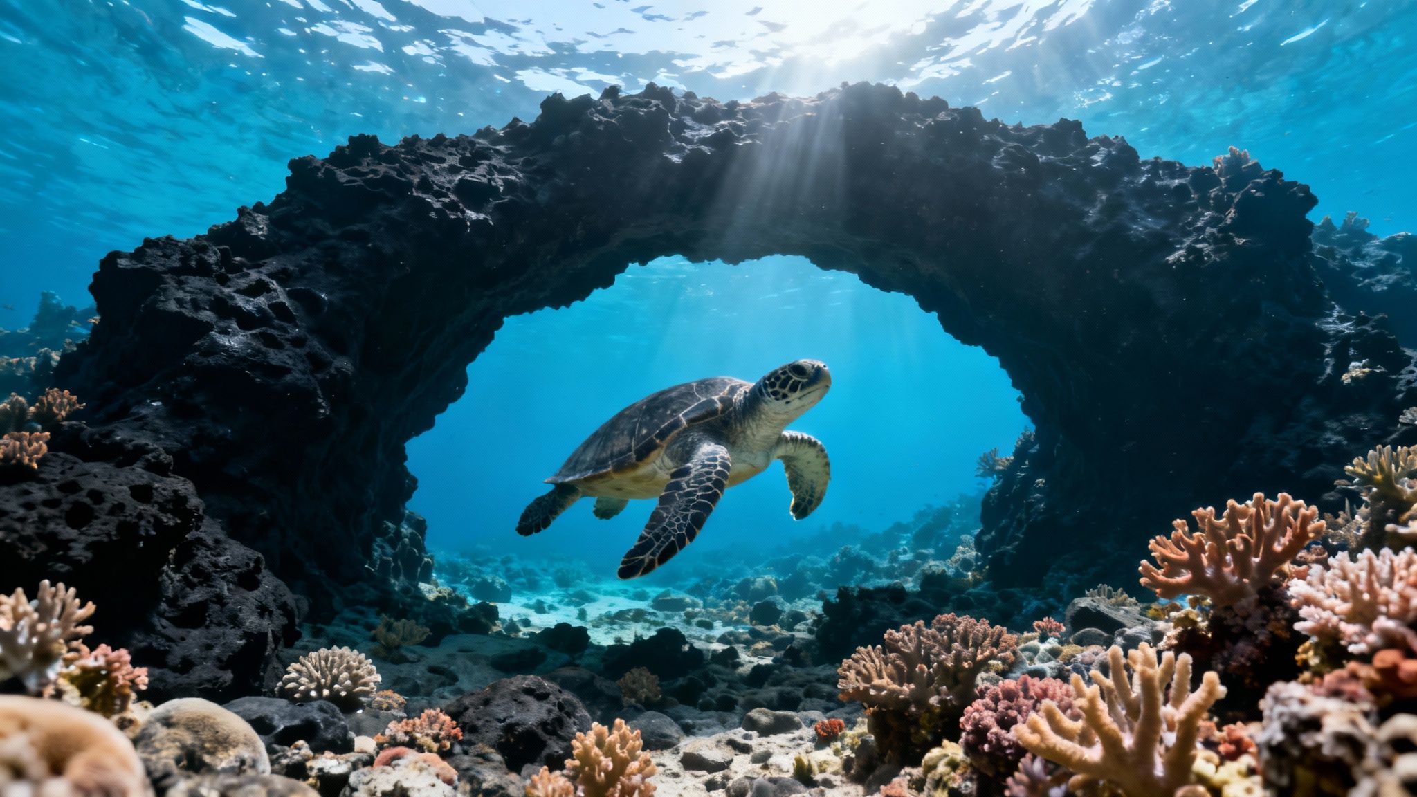 A scuba diver explores a vibrant coral reef with clear blue water in Kona, Hawaii.