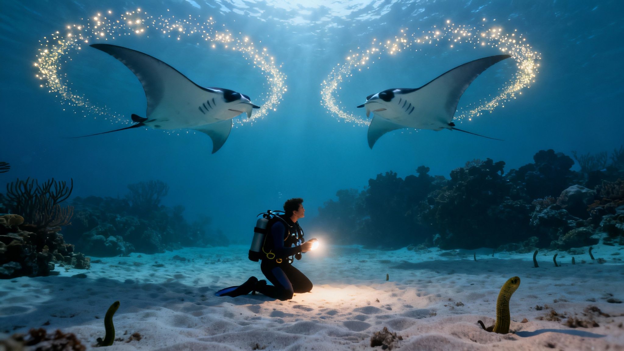 A diver kneels on the sandy seabed, looking up at two manta rays forming a sparkling heart.