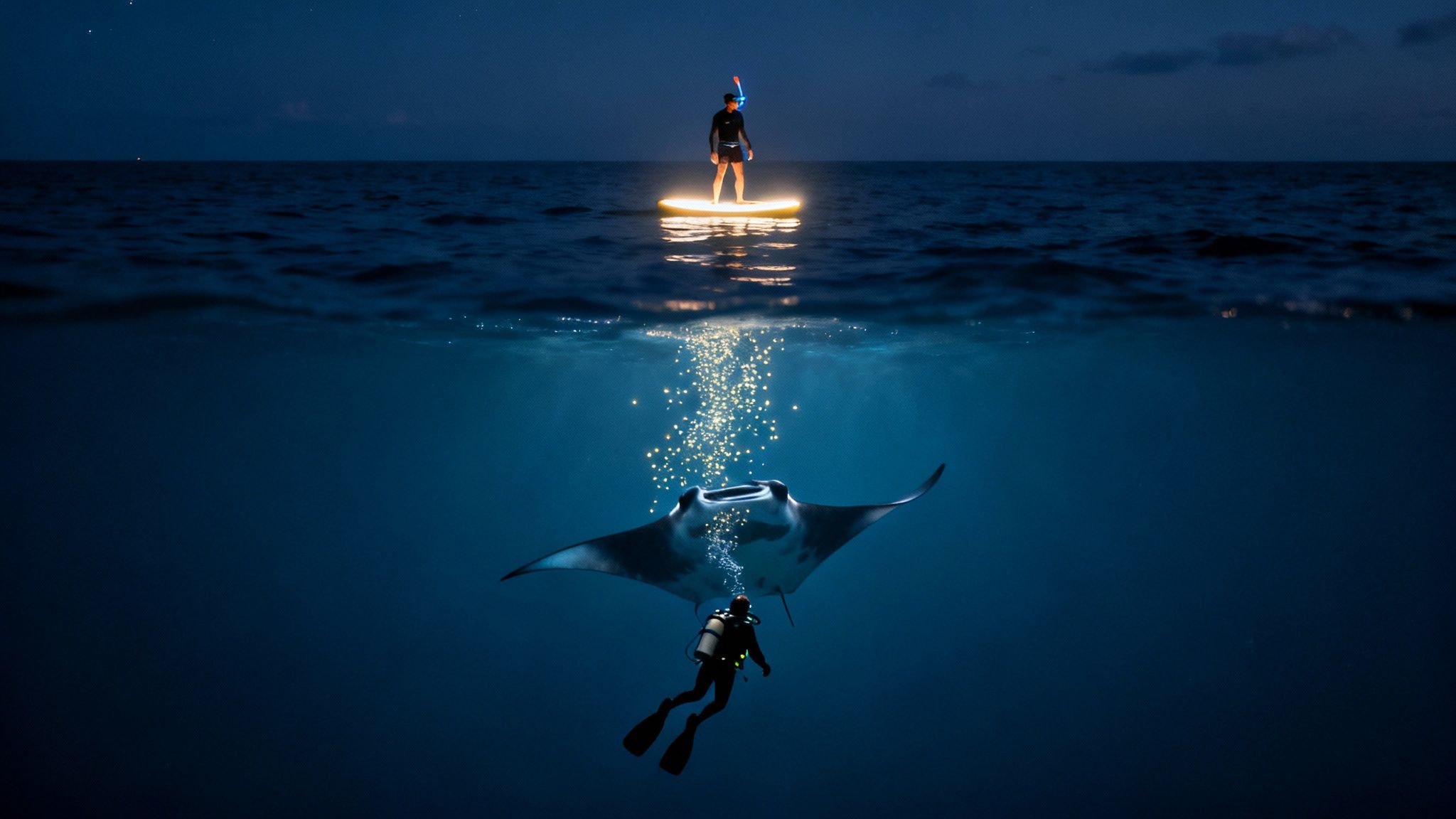 Snorkelers hold onto a lighted raft, watching manta rays feed below them at night.