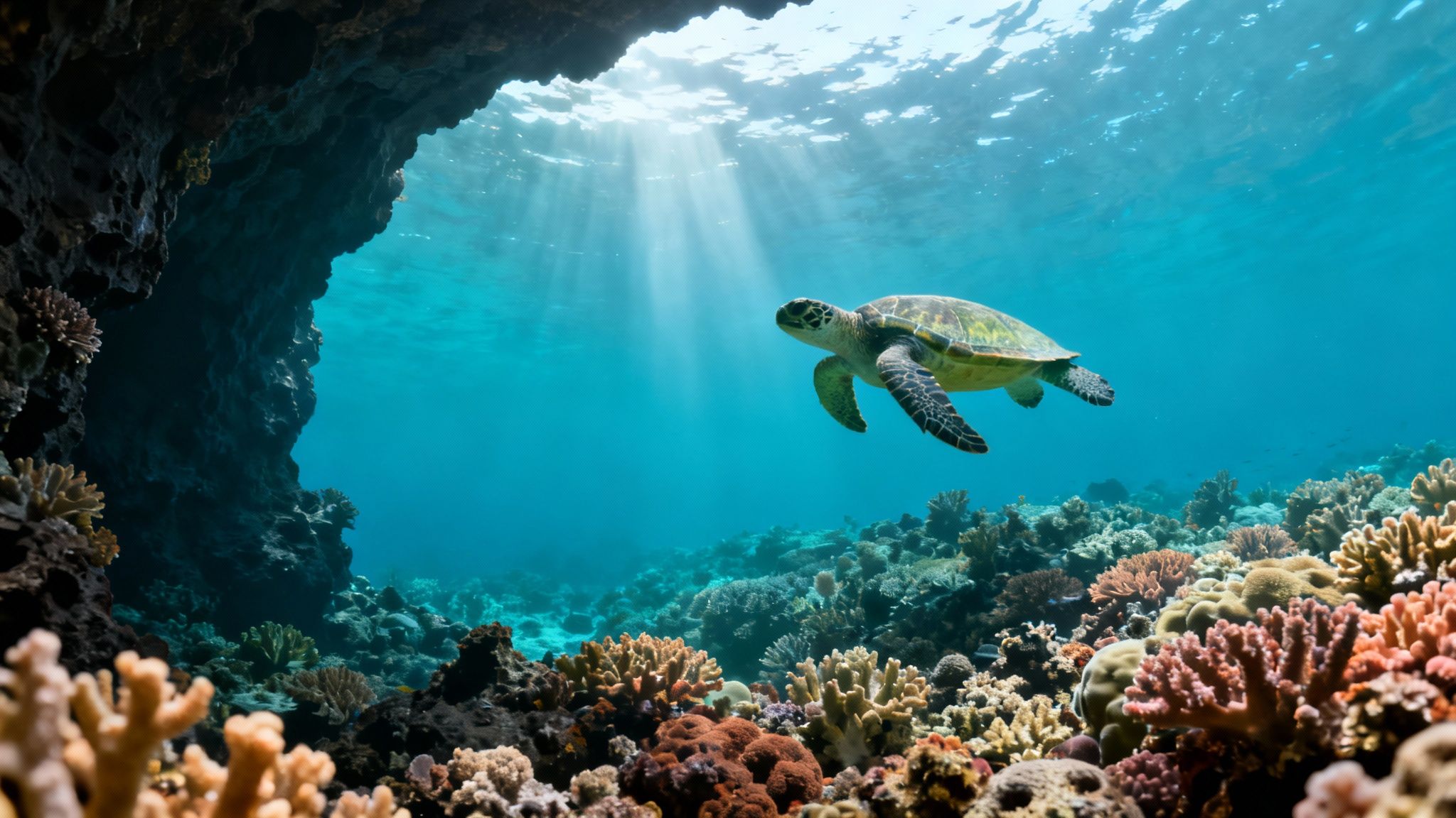 A green sea turtle gracefully swims near a vibrant coral reef and dark underwater cave, illuminated by sun rays.