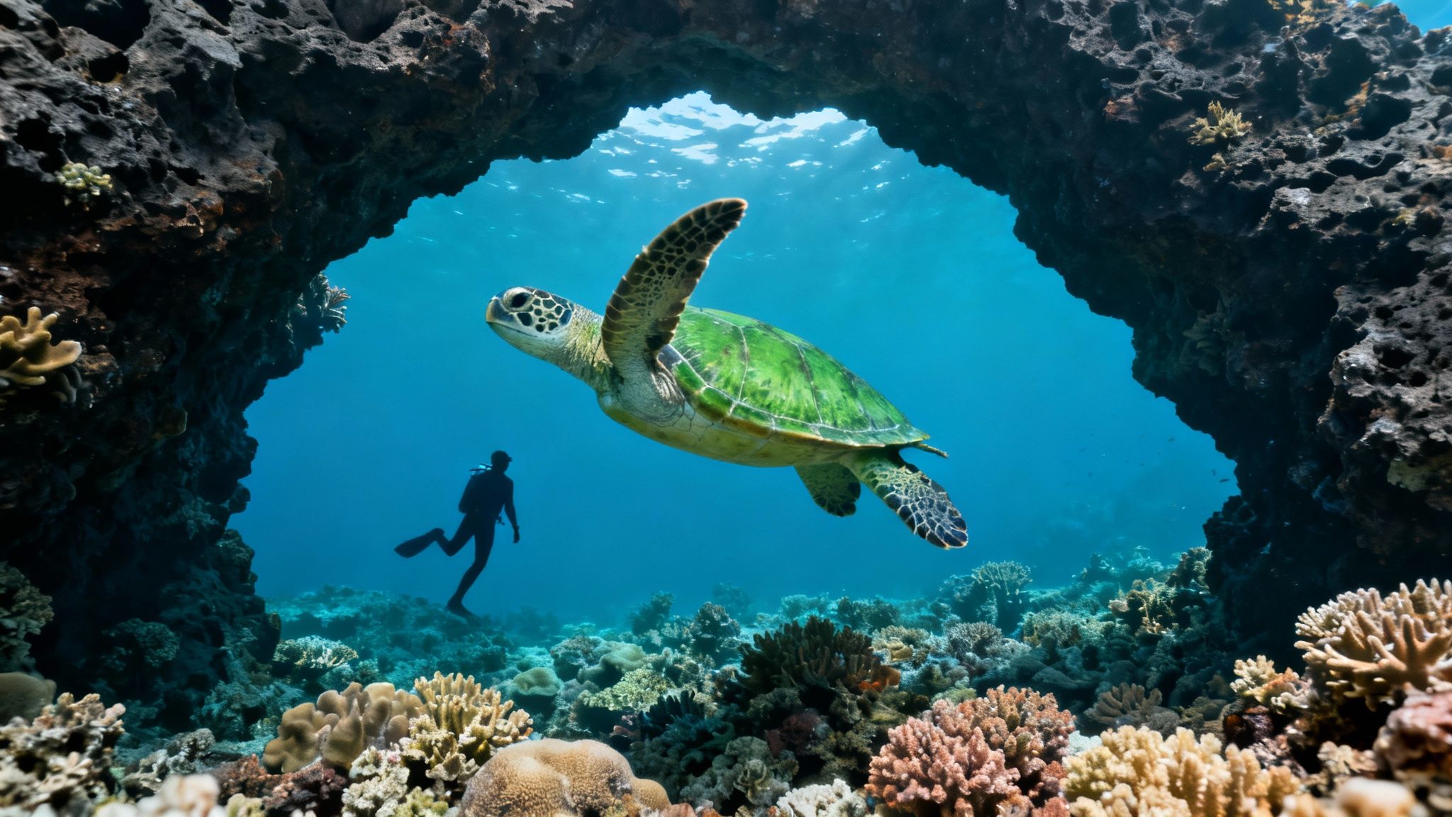 A green sea turtle swims with a diver through an underwater archway over a coral reef.