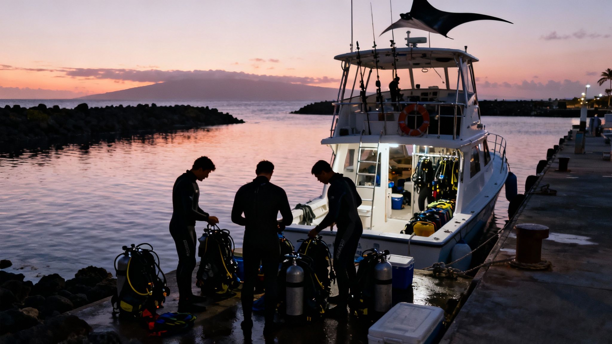 Snorkelers holding onto a light raft during a manta ray night dive in Kailua Kona.