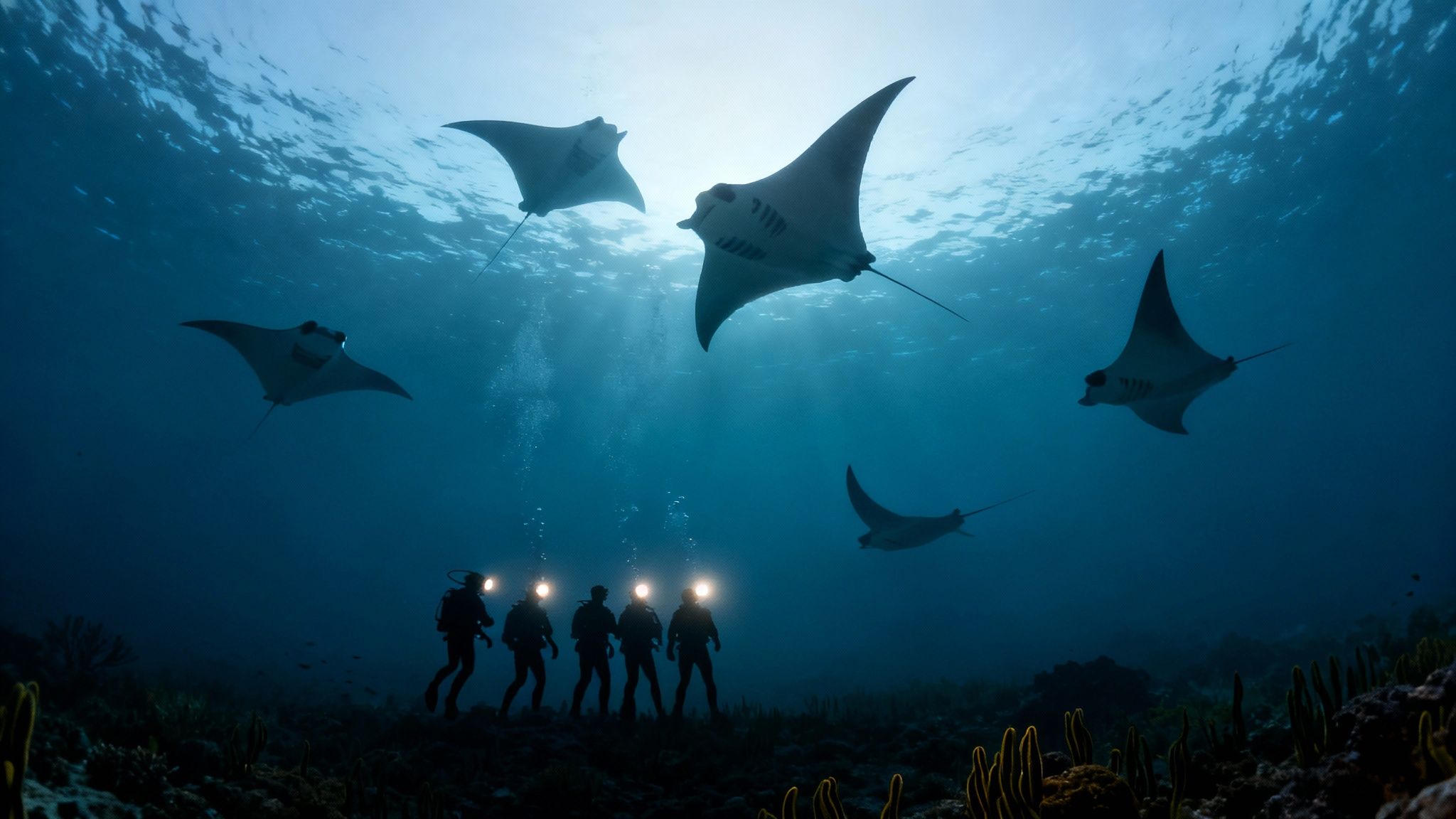 Underwater scene with four scuba divers shining lights on five majestic manta rays swimming above them.