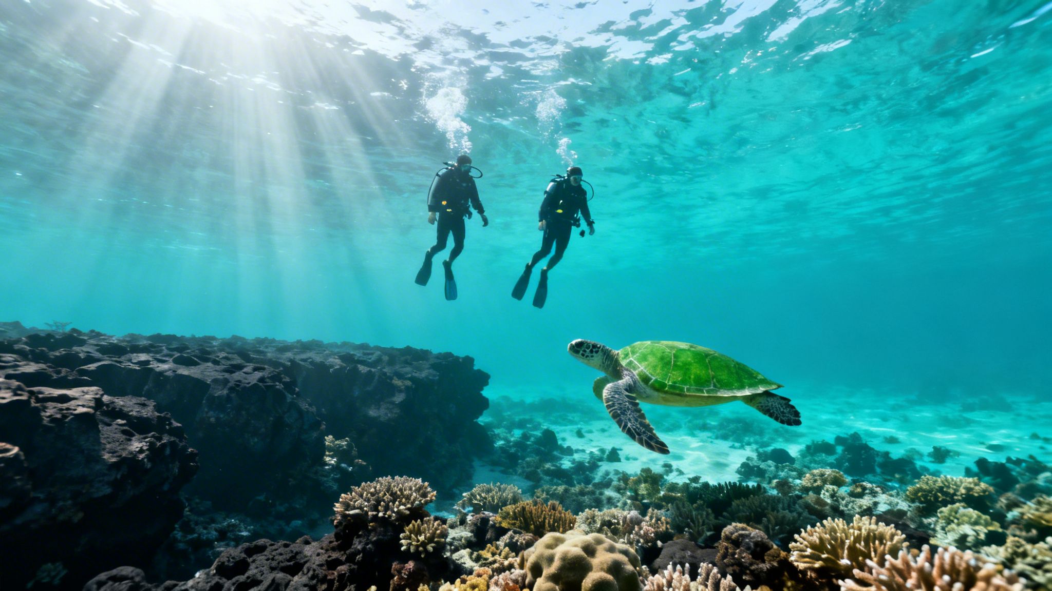 Two scuba divers swim above a vibrant coral reef with a green sea turtle, light rays penetrate the clear blue water.