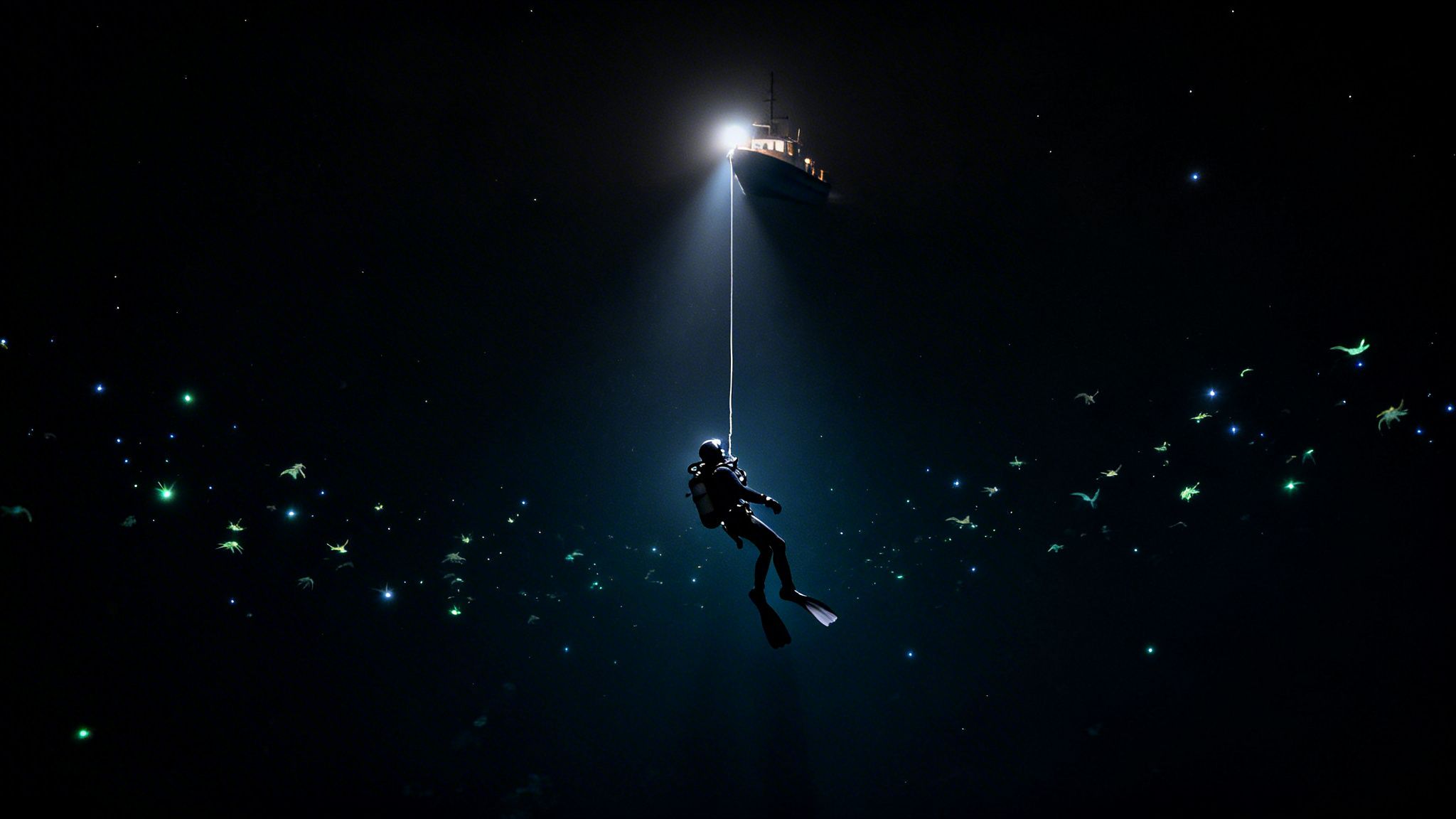 A diver descends in dark ocean, illuminated by a boat's light, surrounded by bioluminescent creatures.