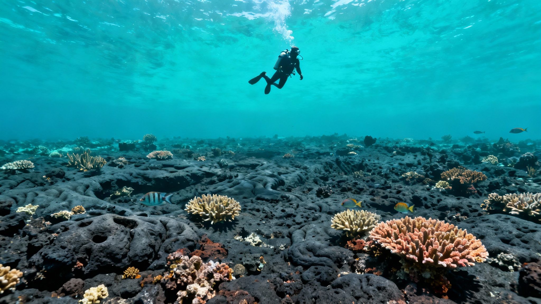A scuba diver swims near a coral reef with a sea turtle on the Big Island.