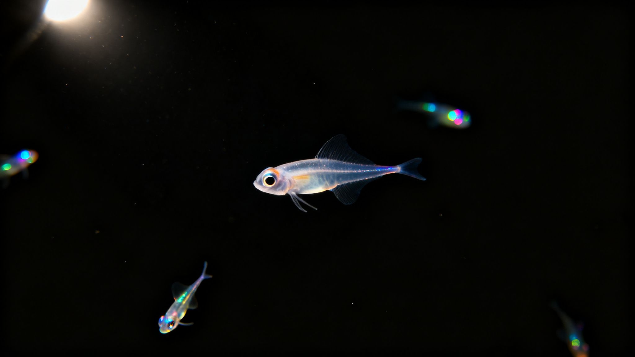 A detailed view of a translucent fish with iridescent fins swimming in dark water.