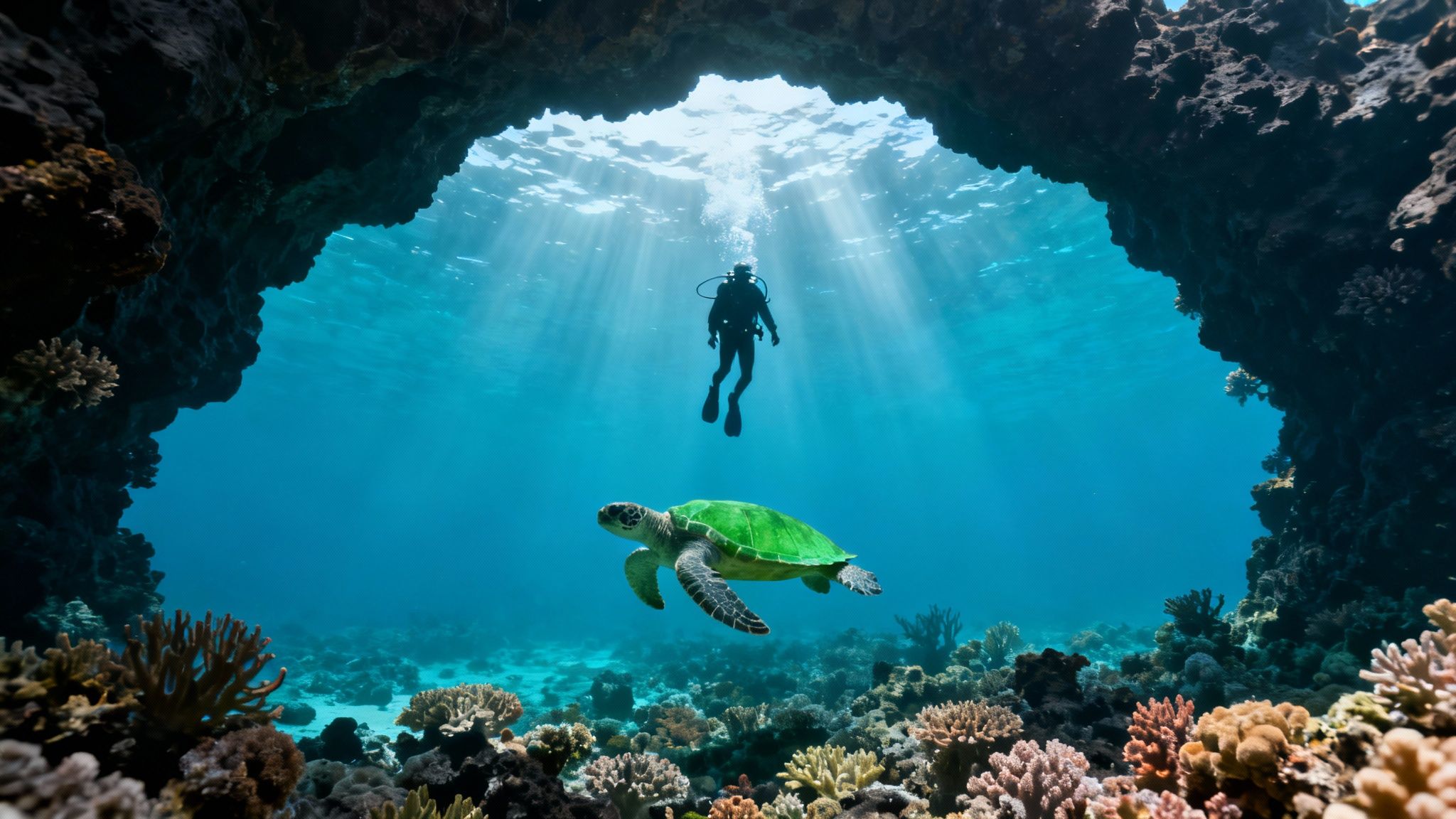 Scuba diver swimming above green sea turtle near vibrant coral reef in crystal clear tropical waters