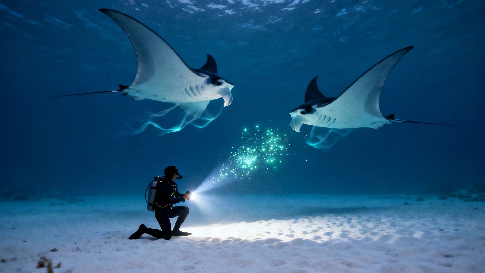 A diver with a flashlight illuminates two majestic manta rays gracefully swimming over a sandy seabed.