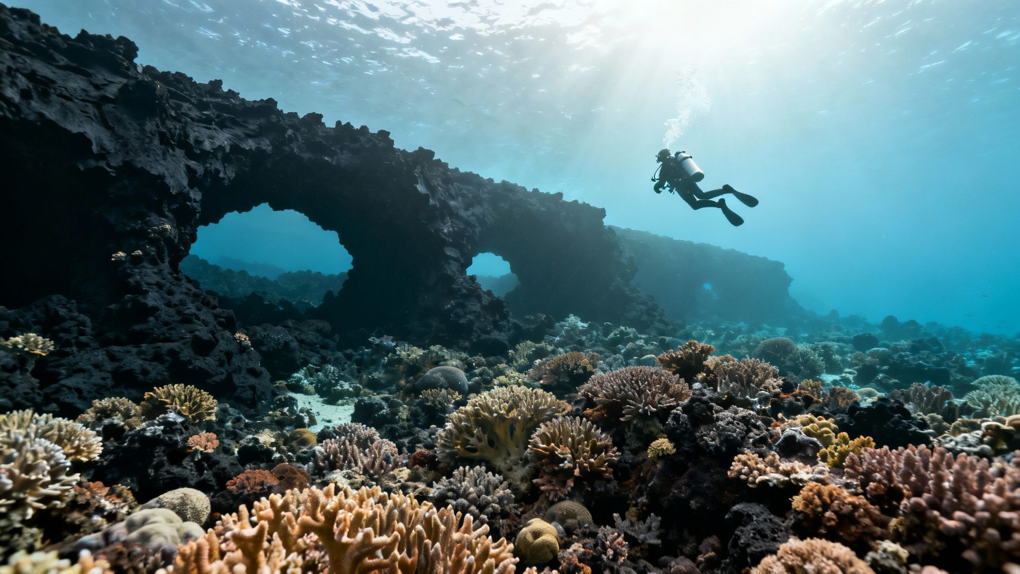 A scuba diver swims over a coral reef with a school of fish on the Big Island.