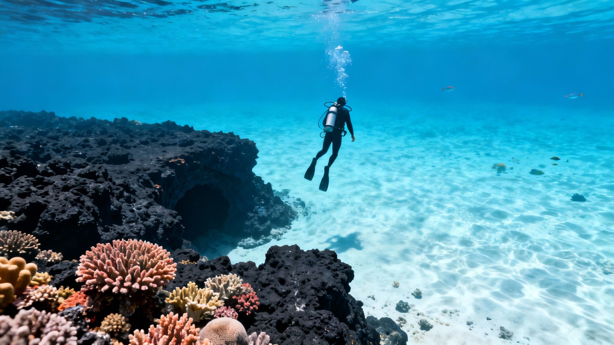 A scuba diver explores a vibrant coral reef in clear blue tropical waters with a sandy bottom.