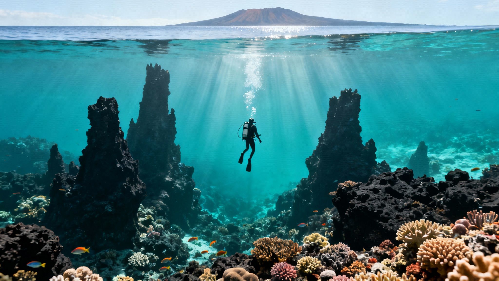 A scuba diver explores a vibrant coral reef with unique rock formations and an island in the distance.
