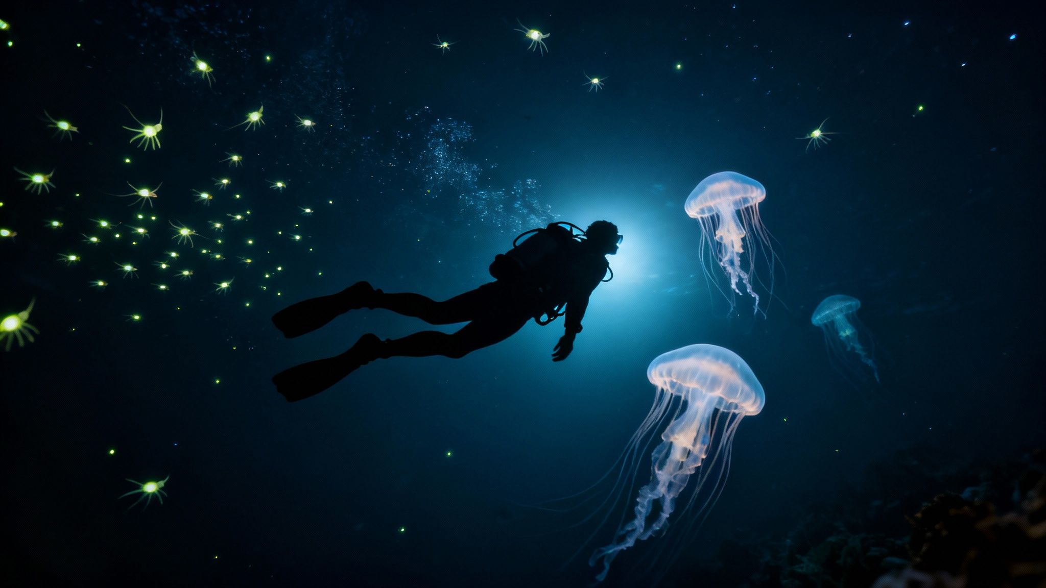 A bioluminescent creature photographed during a blackwater dive in Kona.