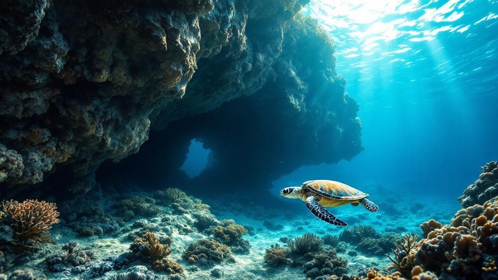A turtle swims gracefully over a Kona coral reef