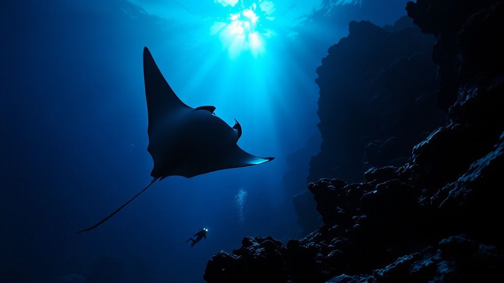 A group of scuba divers on the ocean floor look up as a massive manta ray glides over their lights.
