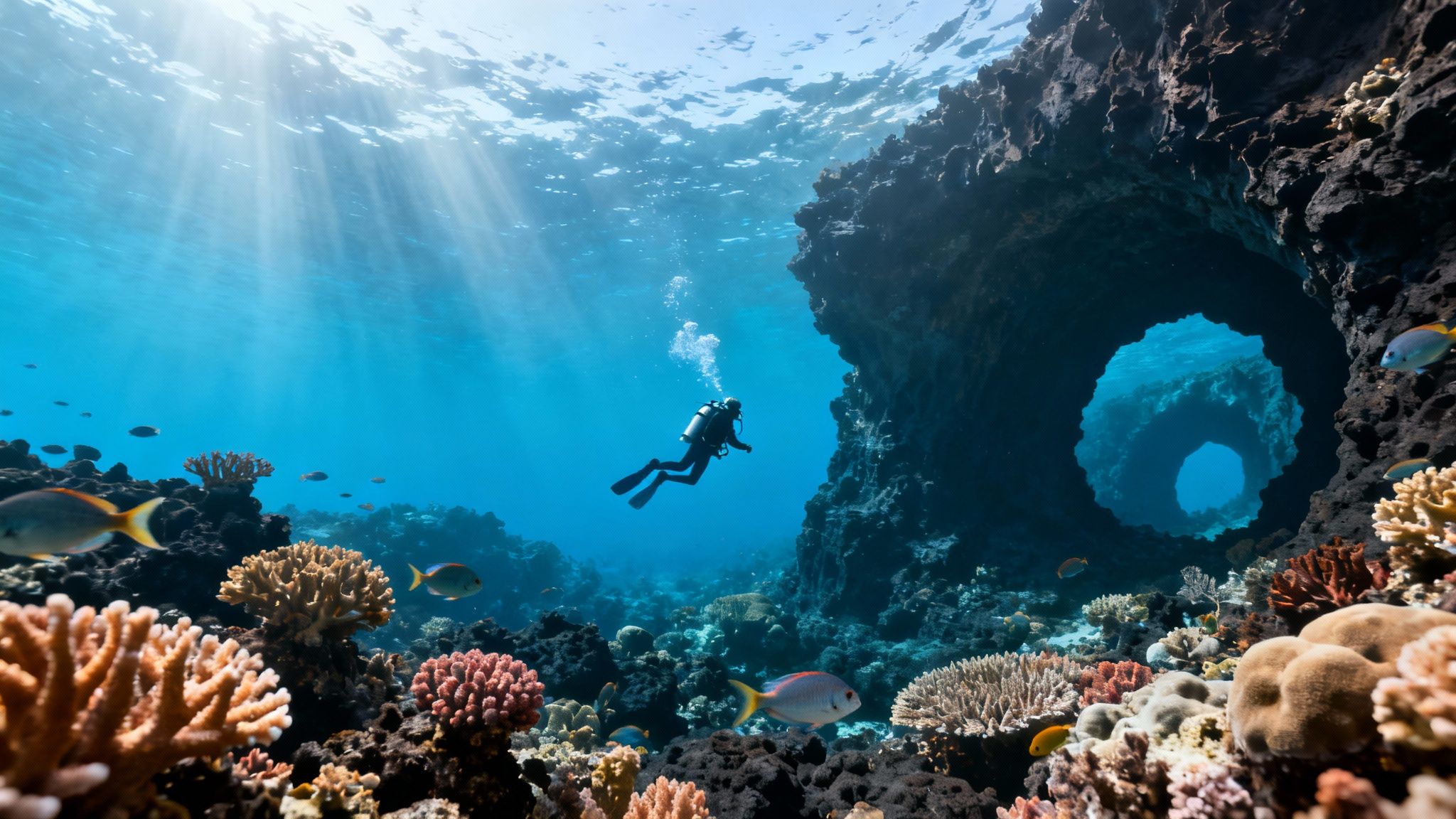 A scuba diver explores a vibrant coral reef near a dark underwater cave with sunlight streaming in.
