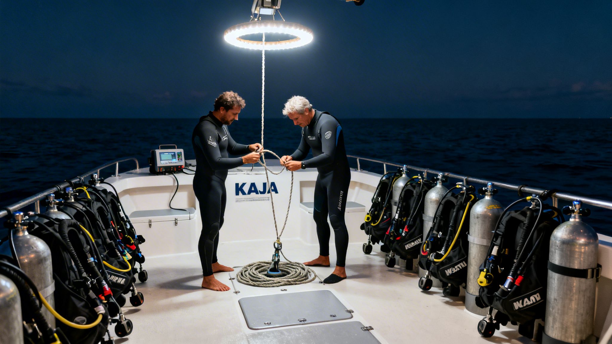 Two divers in wetsuits on a boat at night, illuminated by light, handling a rope near scuba tanks.