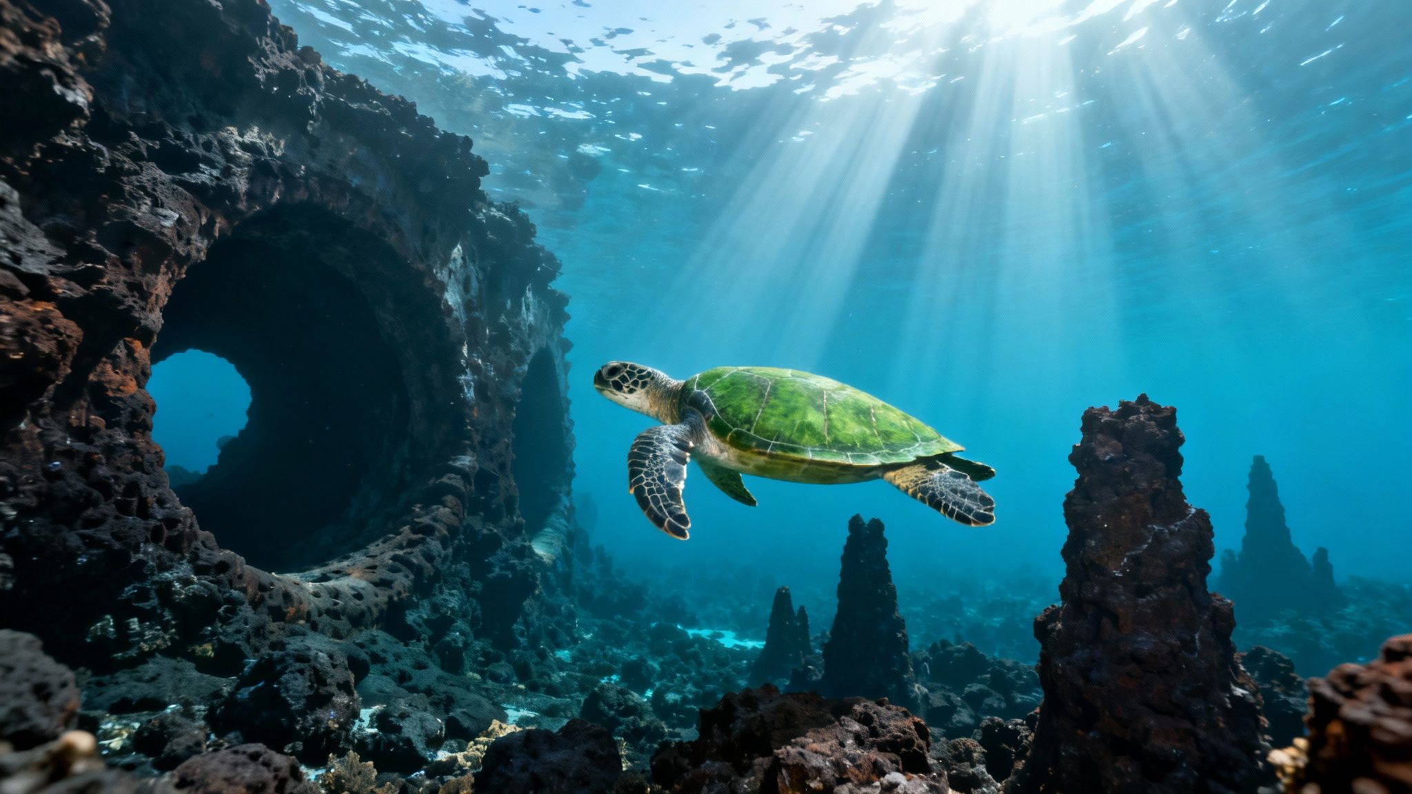 A vibrant green sea turtle swims gracefully through sunlit turquoise water near a dark underwater cave.