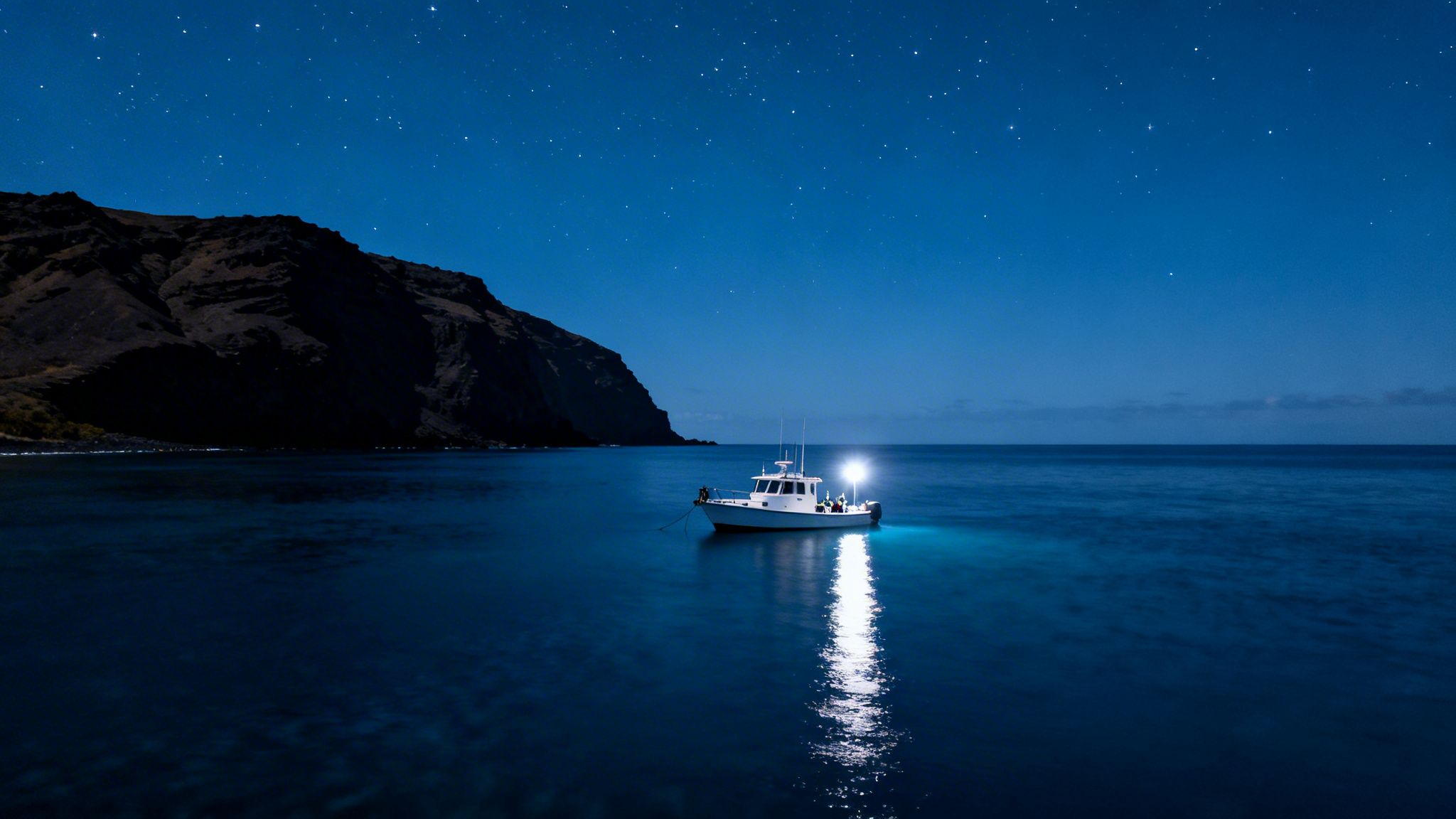 A fishing boat with a bright light anchored on the dark ocean at night under a starry sky.