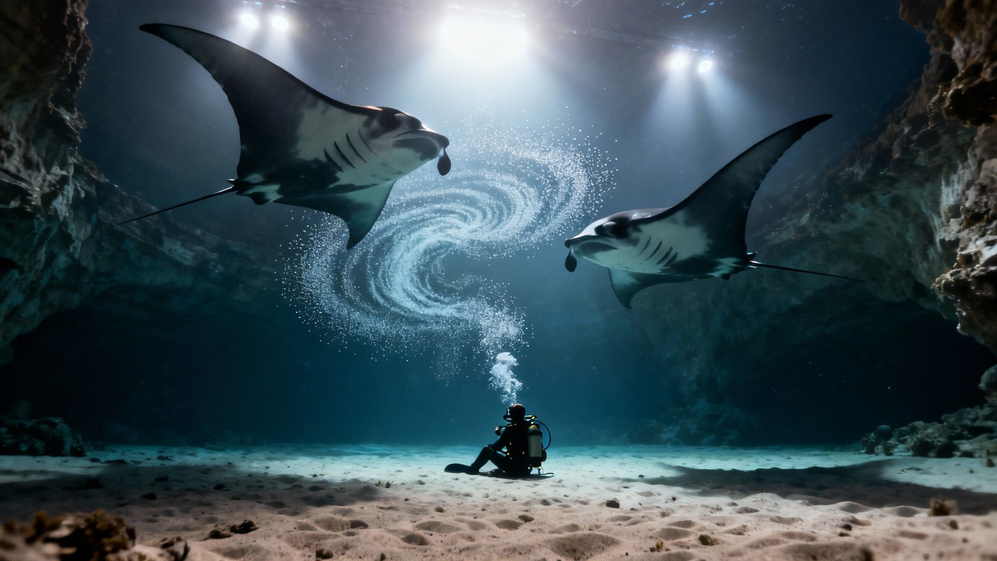 A massive manta ray glides gracefully over a group of scuba divers during the famous night dive in Kona, Hawaii.