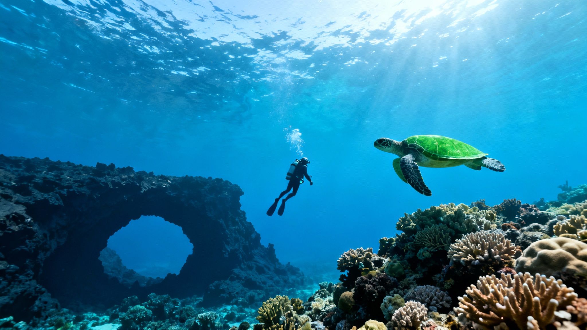 A scuba diver explores a vibrant coral reef with a green sea turtle and an underwater arch.