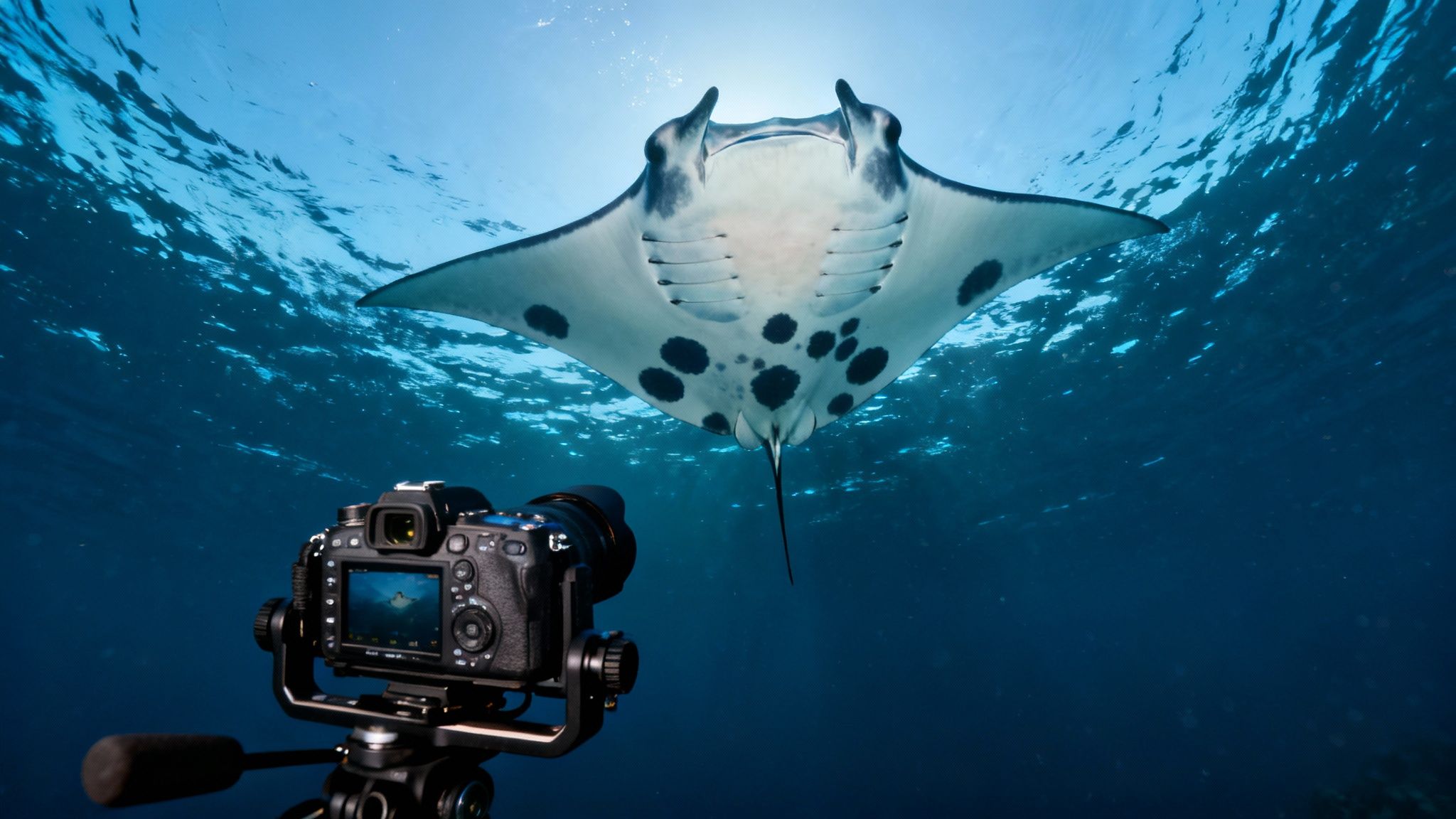 A manta ray gracefully swims past a diver with a camera during a night dive in Kona.