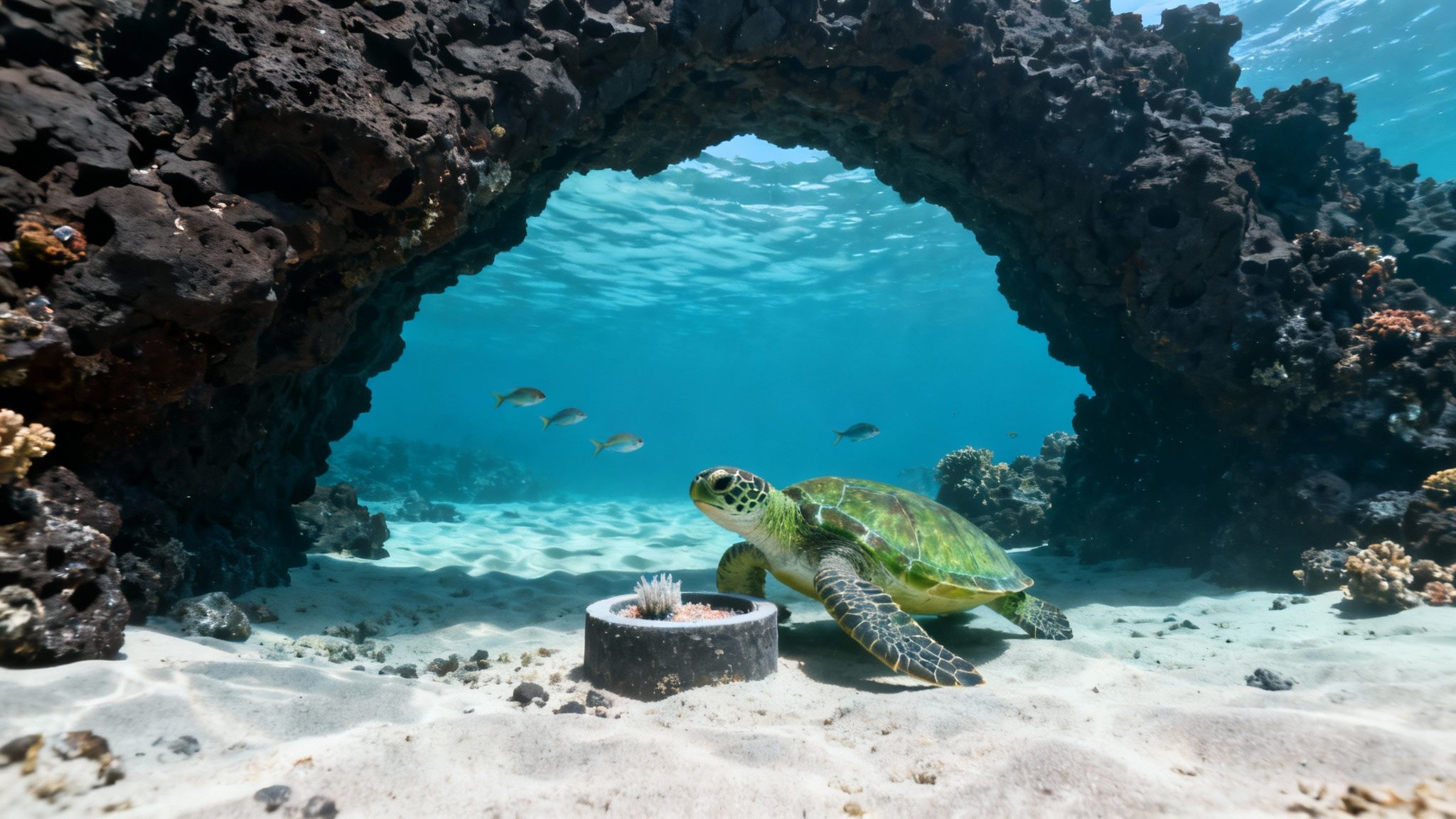 A vibrant coral reef with diverse marine life under clear blue water.