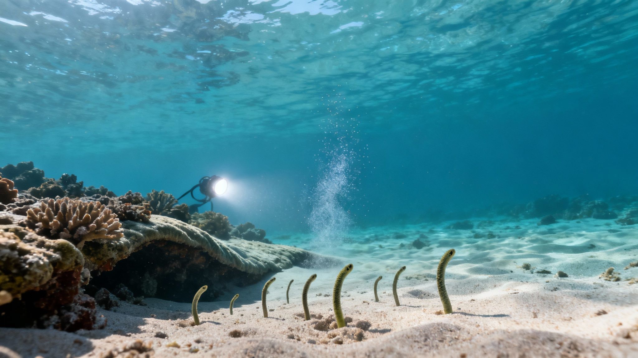 Scuba diver with underwater light exploring coral reef and sandy ocean floor with marine life