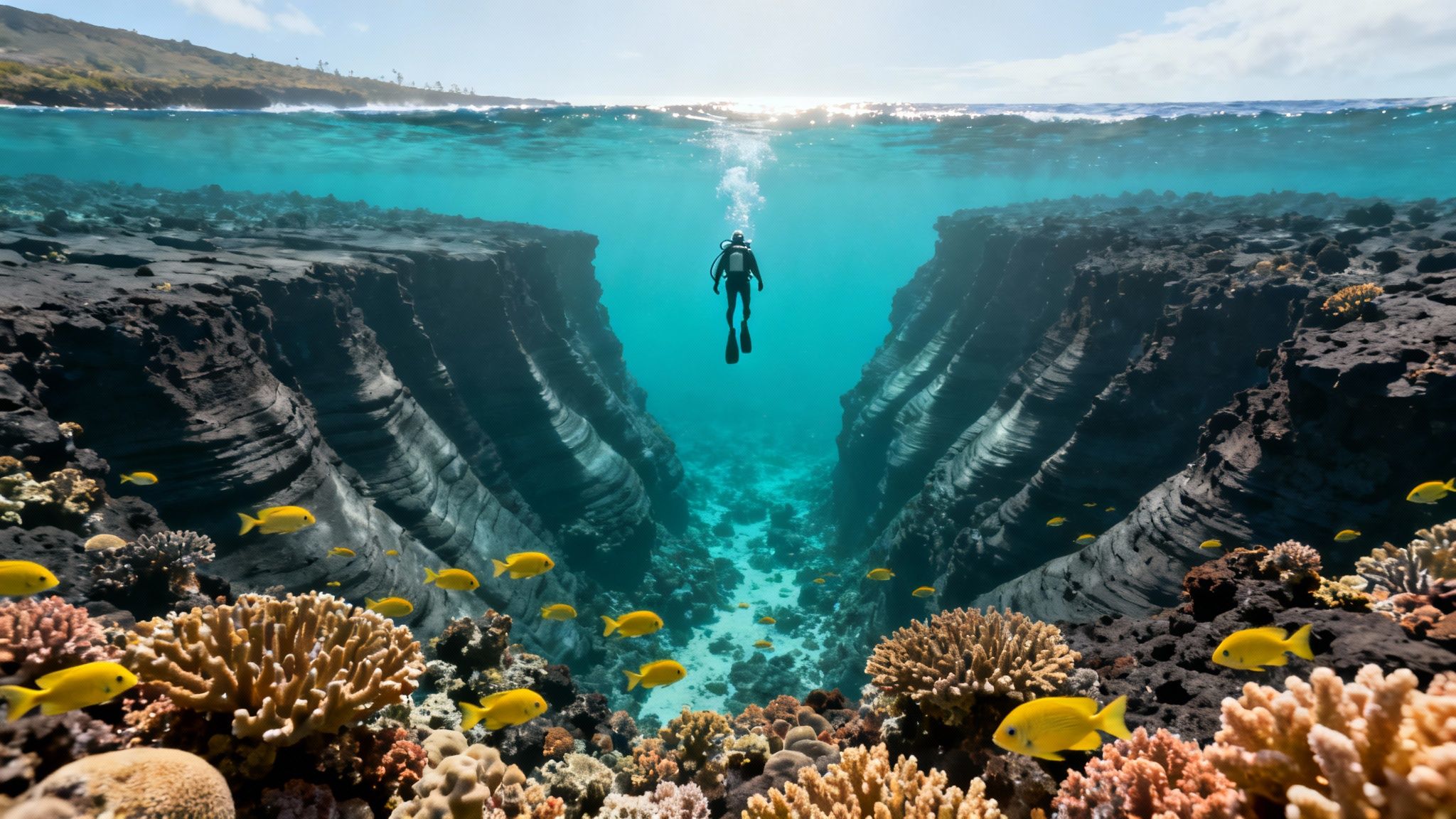 Scuba diver snorkeling above vibrant coral reef canyon with yellow tropical fish in Hawaii
