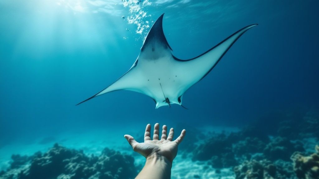 A scuba diver looks up as a giant manta ray gracefully glides overhead in the illuminated water during a Kona night dive.