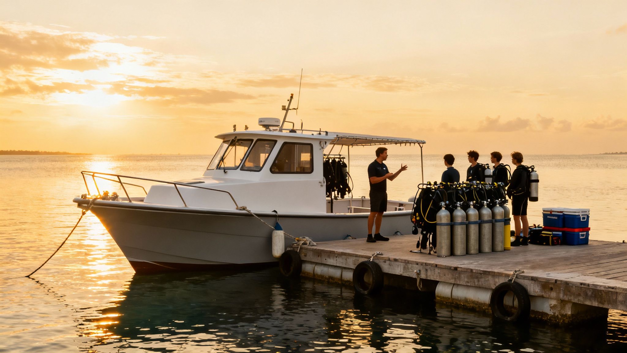 A dive instructor talks to divers with scuba gear on a dock beside a boat at sunset.