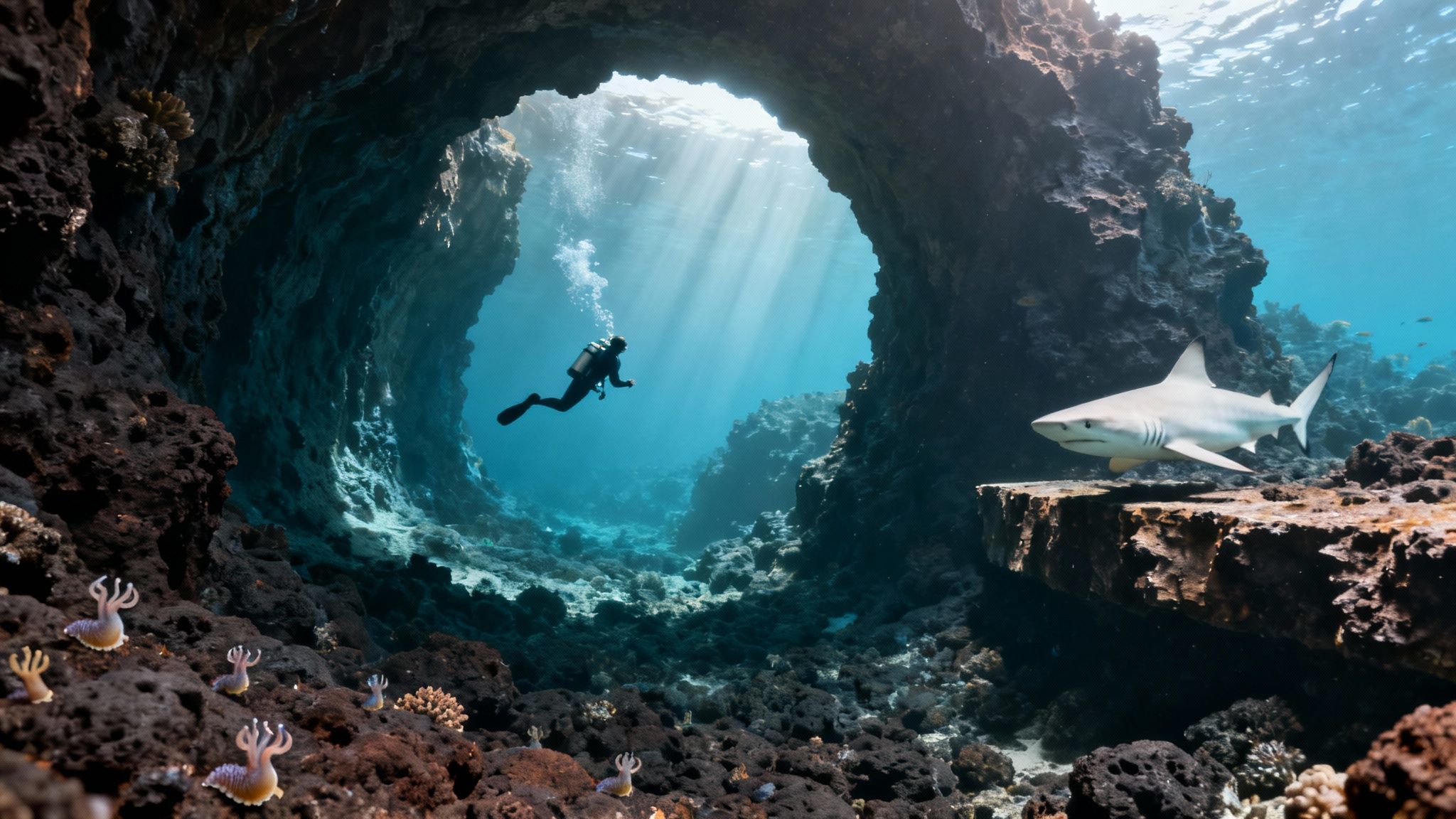 Scuba diver swimming through a beautiful sunlit underwater cave with a shark and coral.