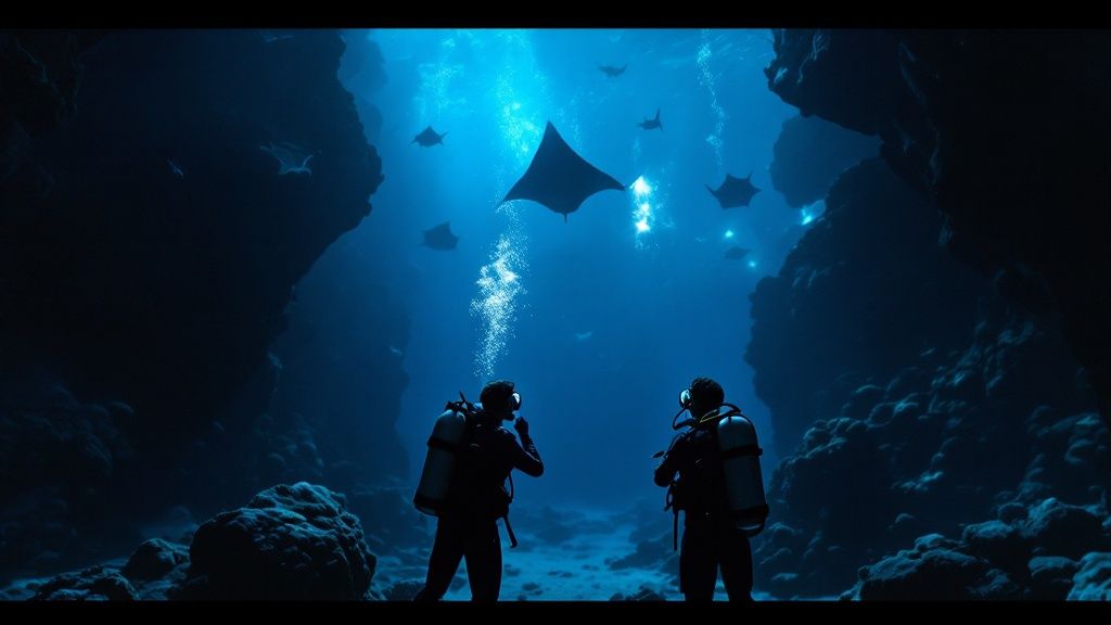 A majestic manta ray glides through clear blue water, silhouetted against the sun.
