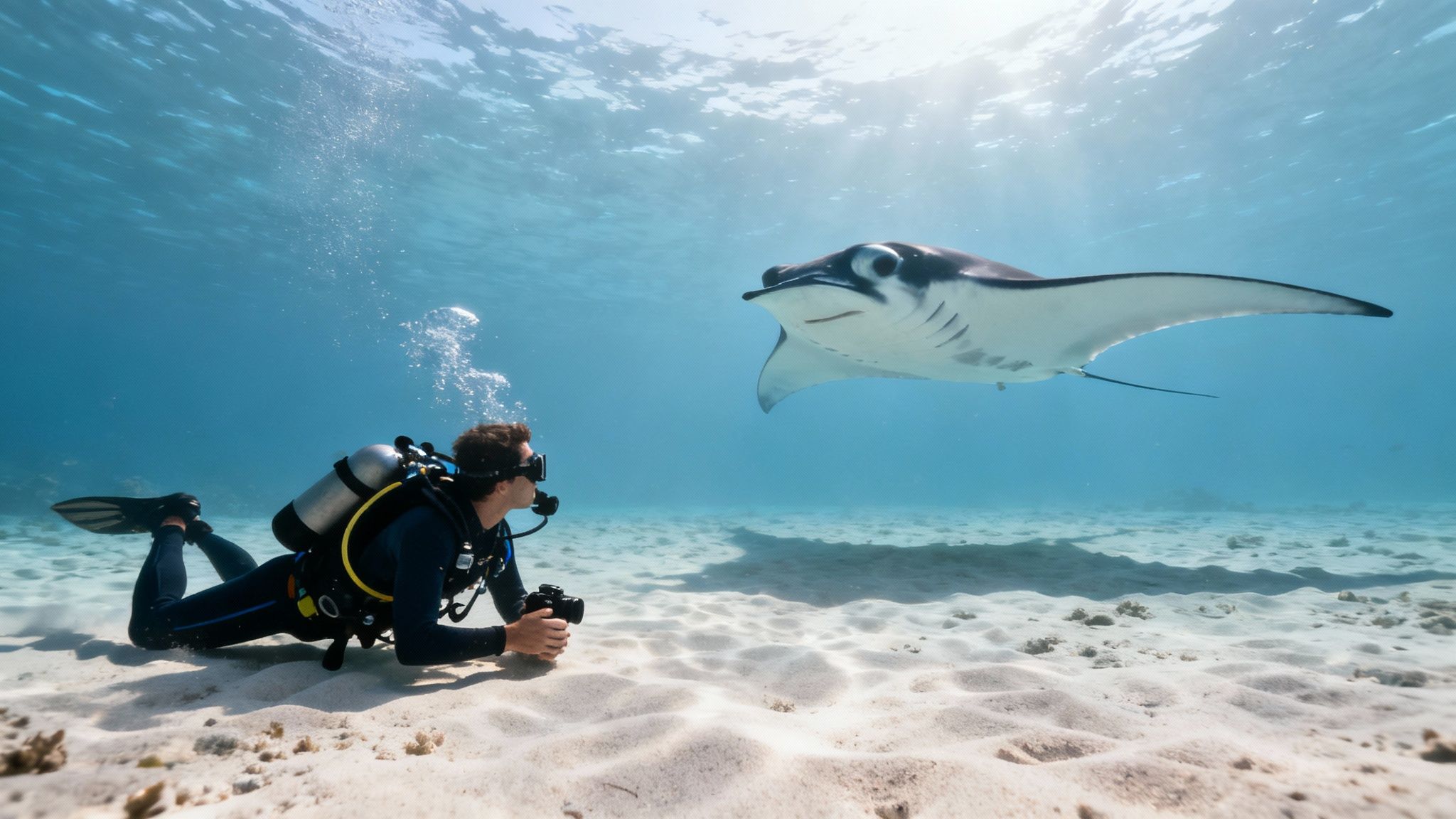 A scuba diver kneels on the sandy ocean floor, looking up as a manta ray glides gracefully overhead.