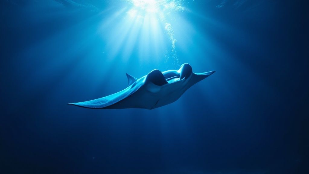 Snorkelers watching a manta ray glide beneath a light board in Kona