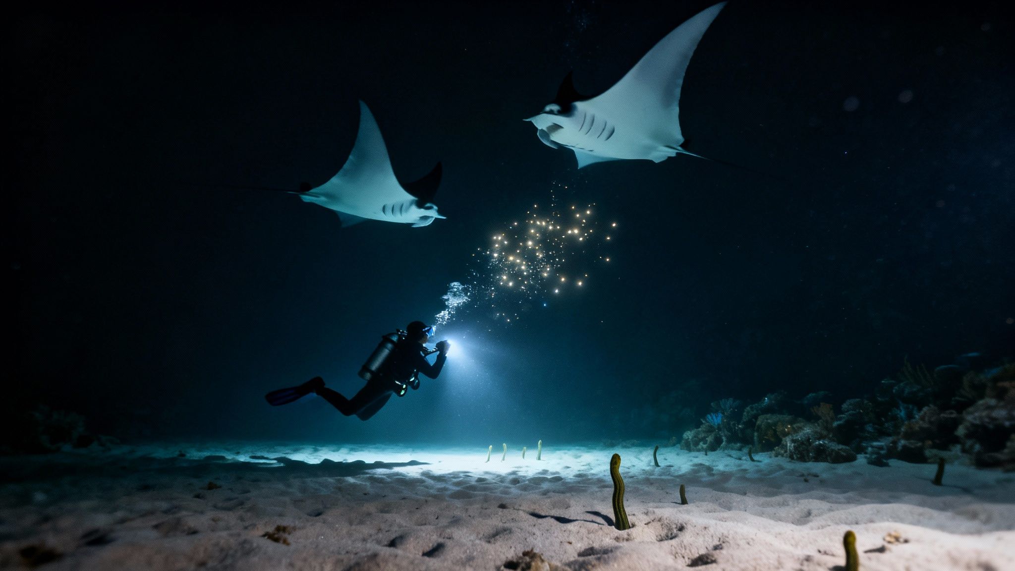 Underwater night scene with a diver using a flashlight, attracting two majestic manta rays.