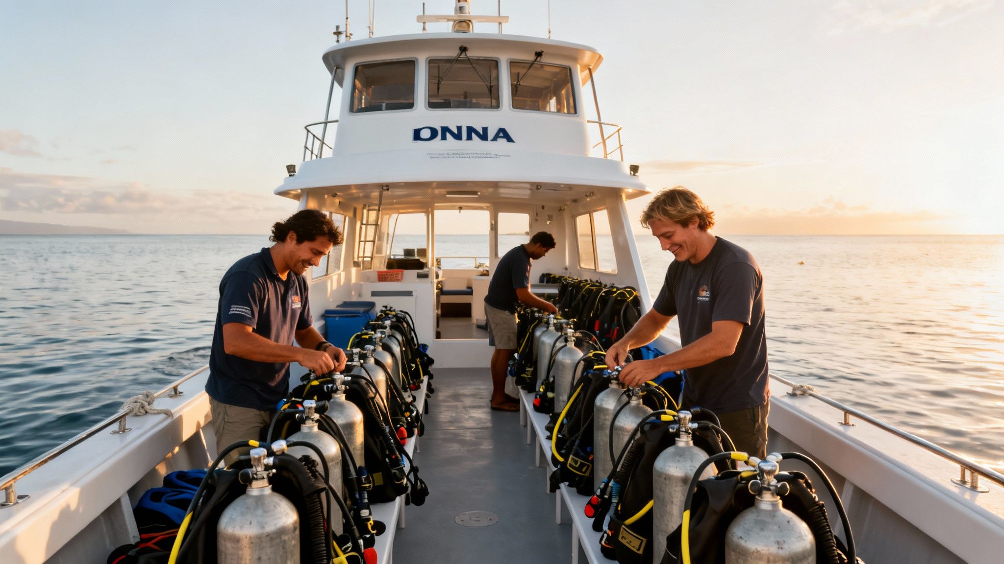 Three smiling men prepare scuba diving gear on a boat at sunrise in Hawaii.