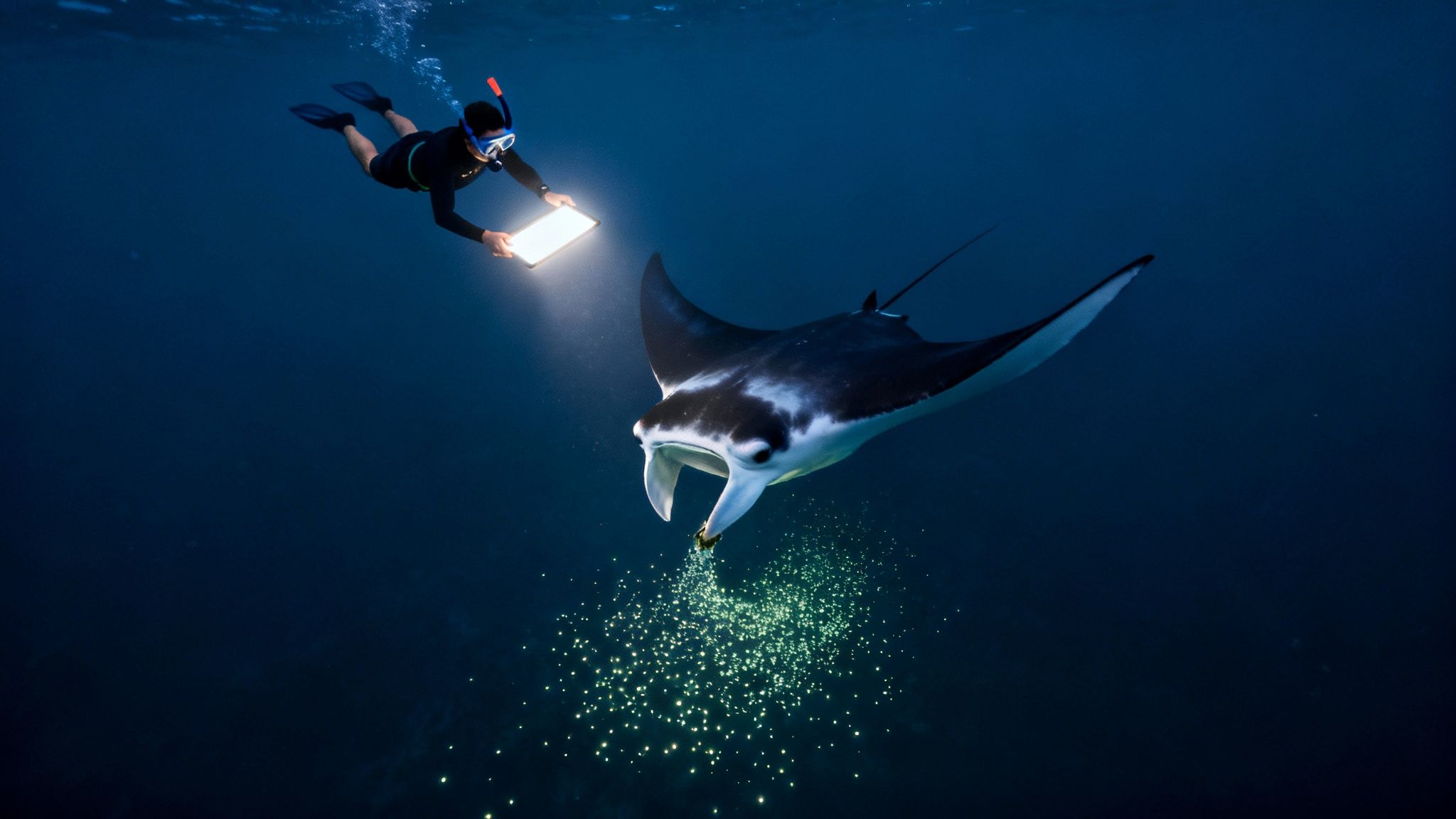 A group of snorkelers holding onto a light board at night, watching a giant manta ray feed just below the surface.
