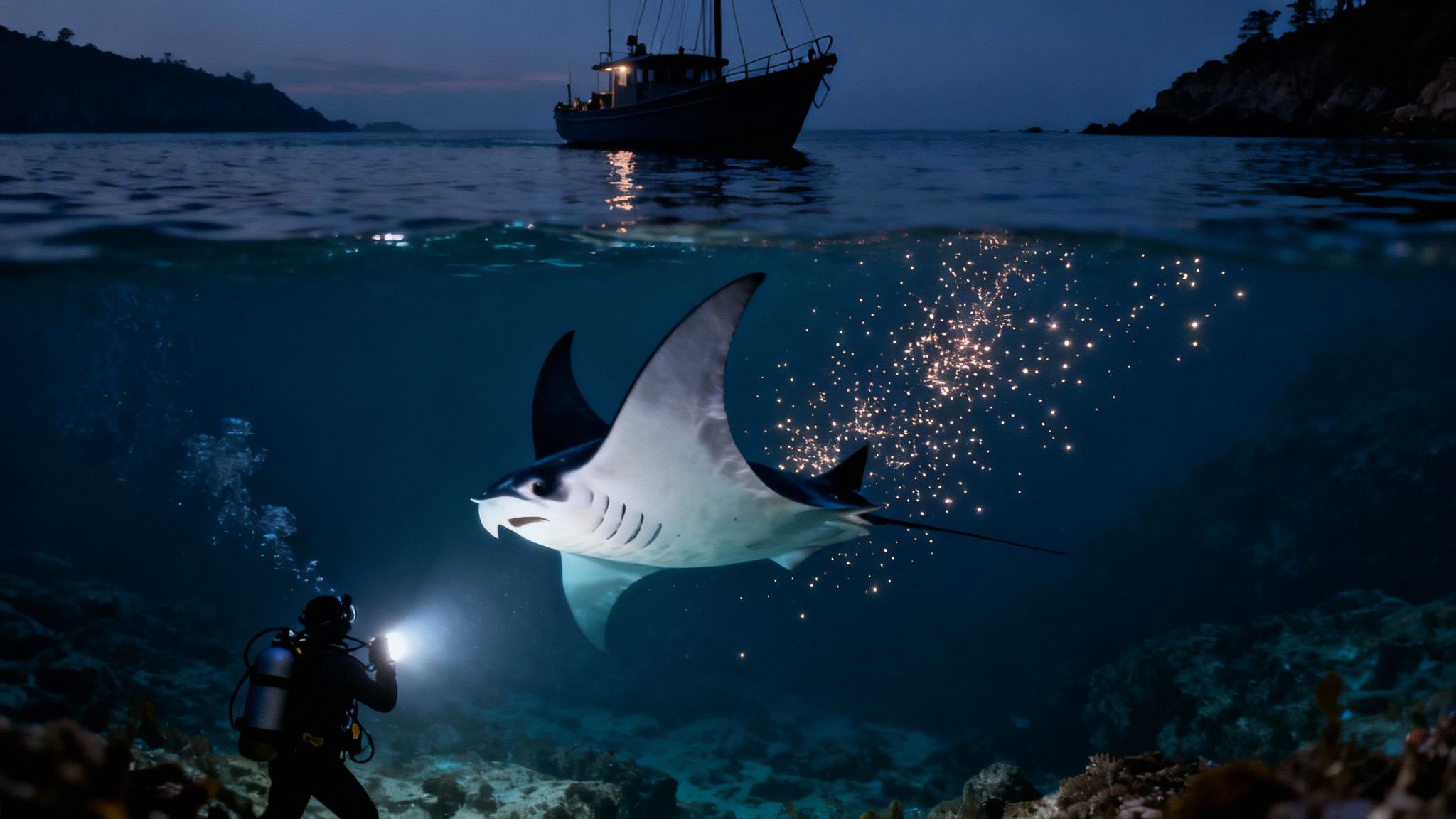 Night split-level photo of a diver illuminating a manta ray underwater with a boat above.