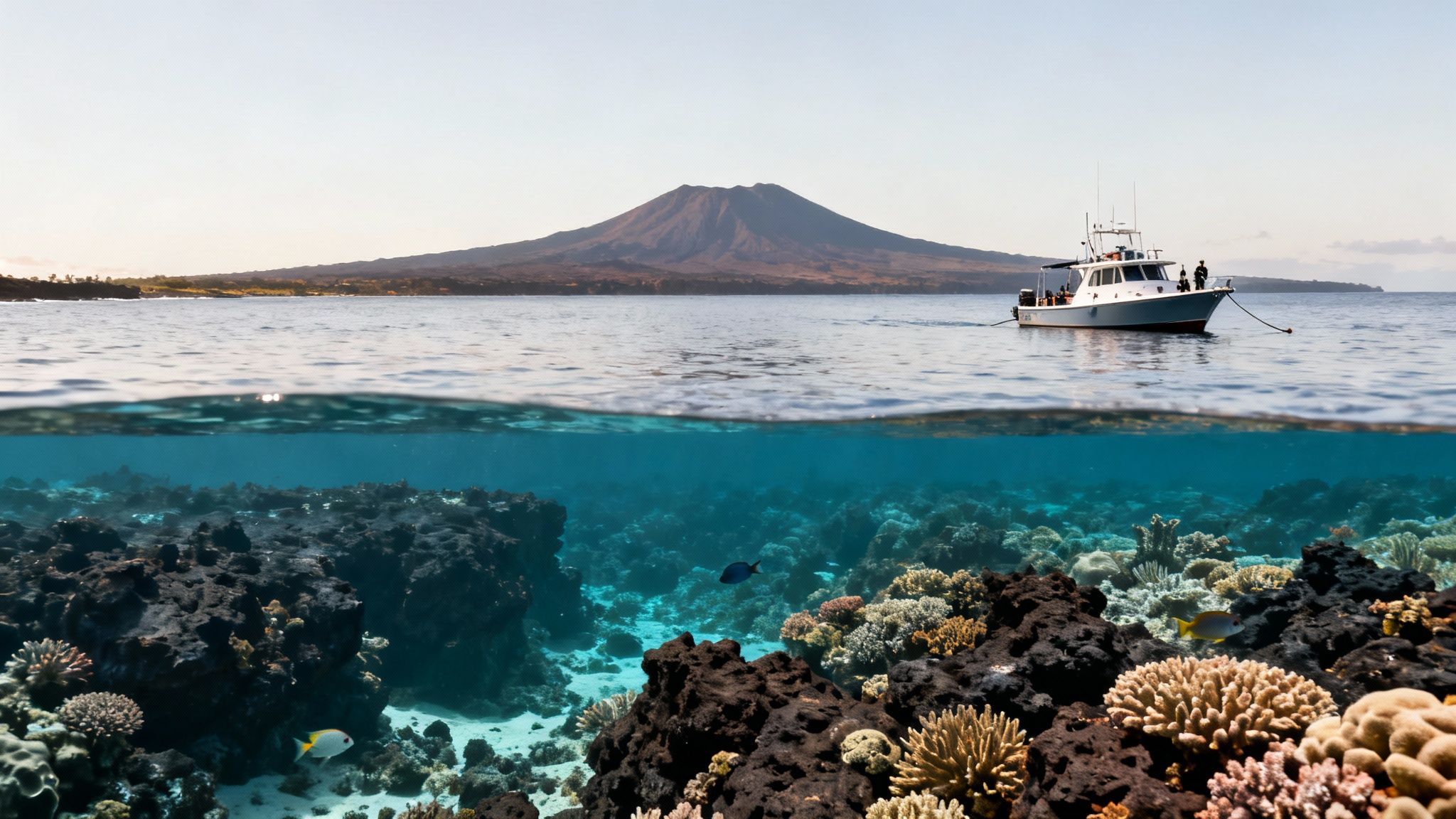 Split-level photo of a volcanic island, boat, and vibrant coral reef with diverse marine life.