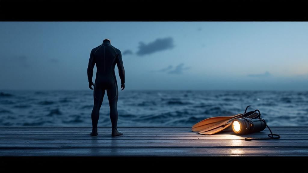 A group of snorkelers holding onto a lighted raft, watching a manta ray swim below them at night