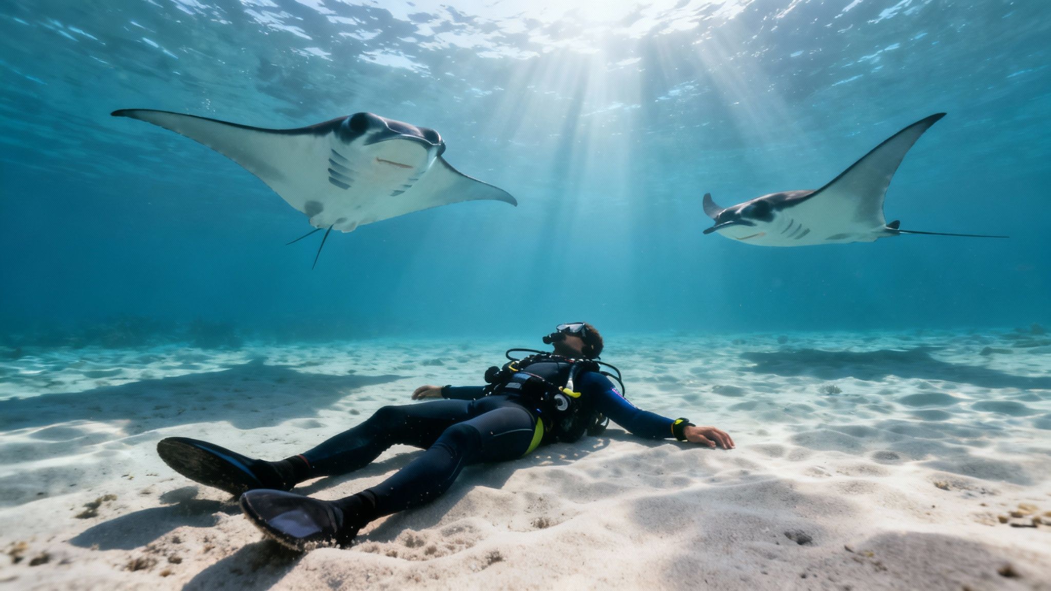 A large manta ray swimming gracefully in the ocean, viewed from below by divers.