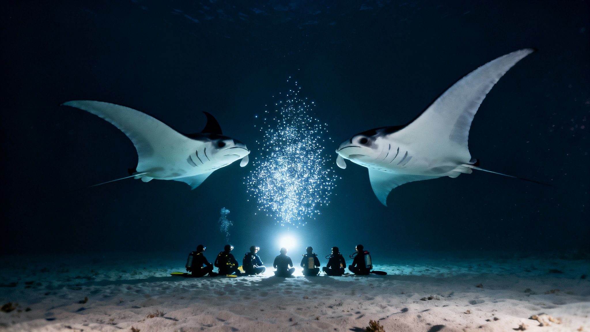 A group of manta rays gracefully swimming at night illuminated by dive lights in Kona.