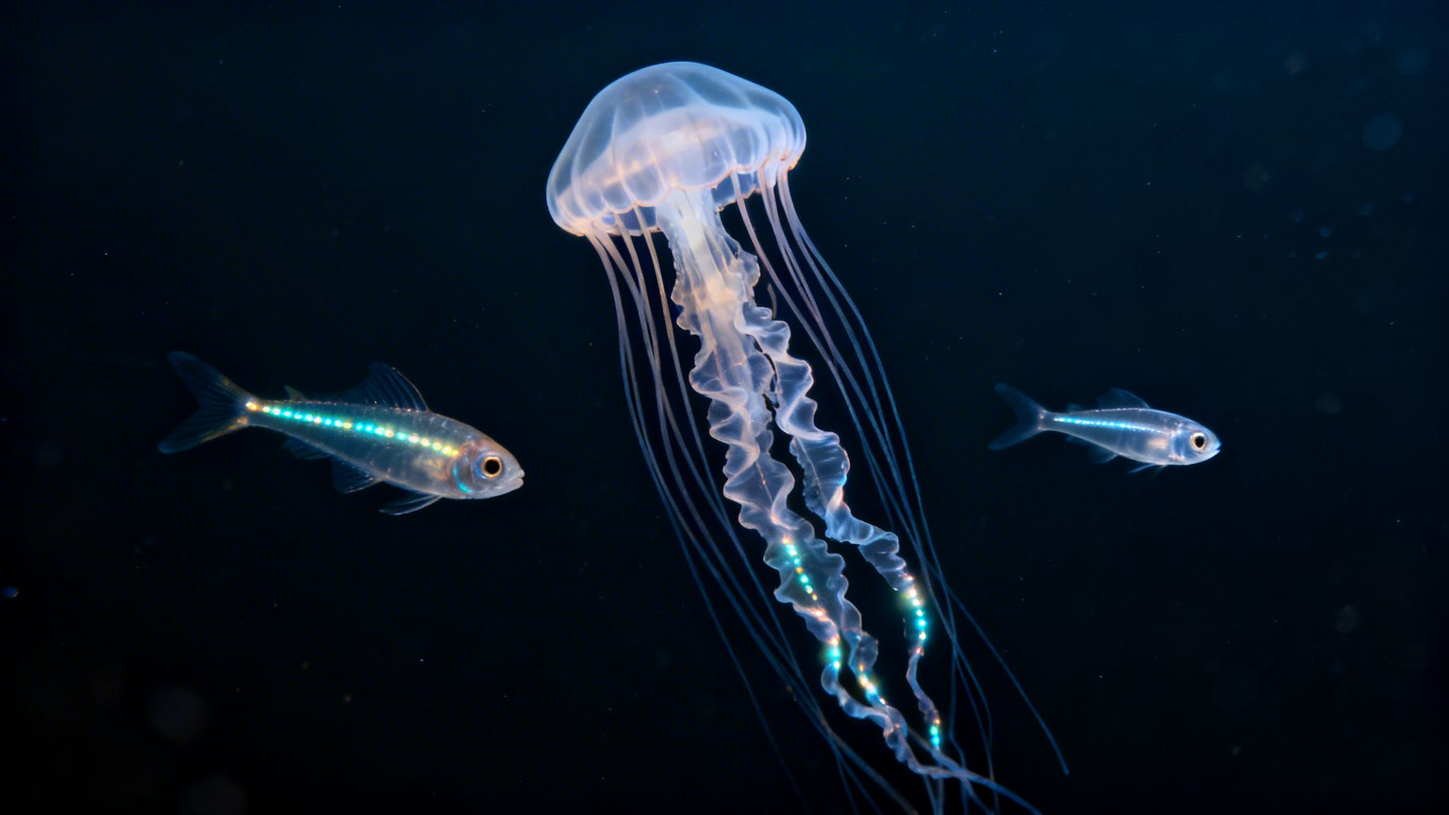A large, translucent jellyfish glows alongside two smaller, bioluminescent fish in the dark ocean.